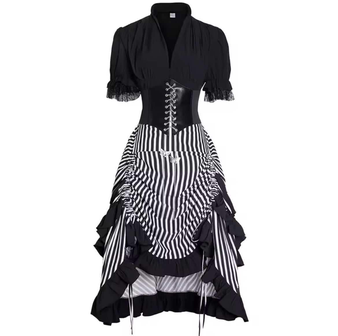 New Gothic Pinstriped High-Rise Ruffled Trimmed Vogue Skirt