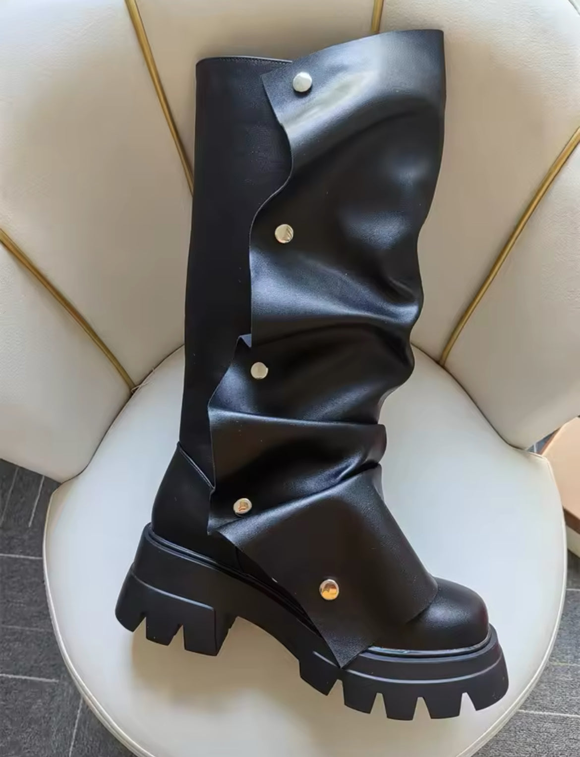 Slouchy Wrinkled Combat Chunky Stylish Glam Boots