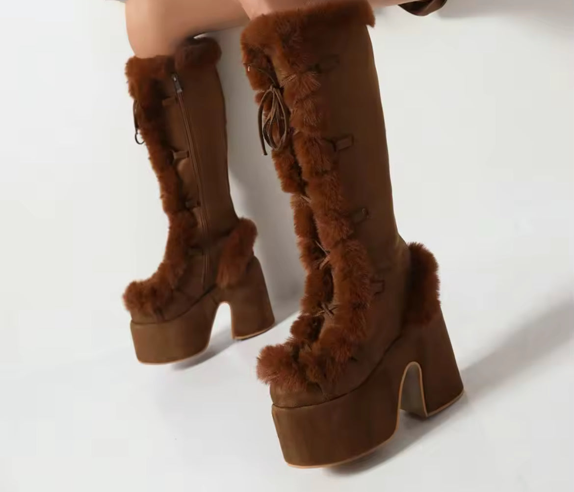 New Faux Fur Platform Knee- High Cozy Gothic Warm Chunky Boots