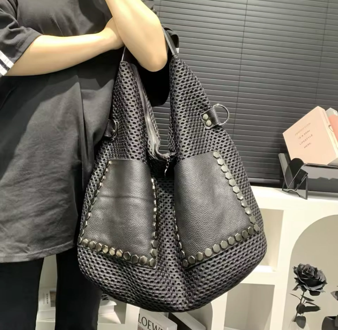 Retro Large Mesh Studded Hobo Handbag