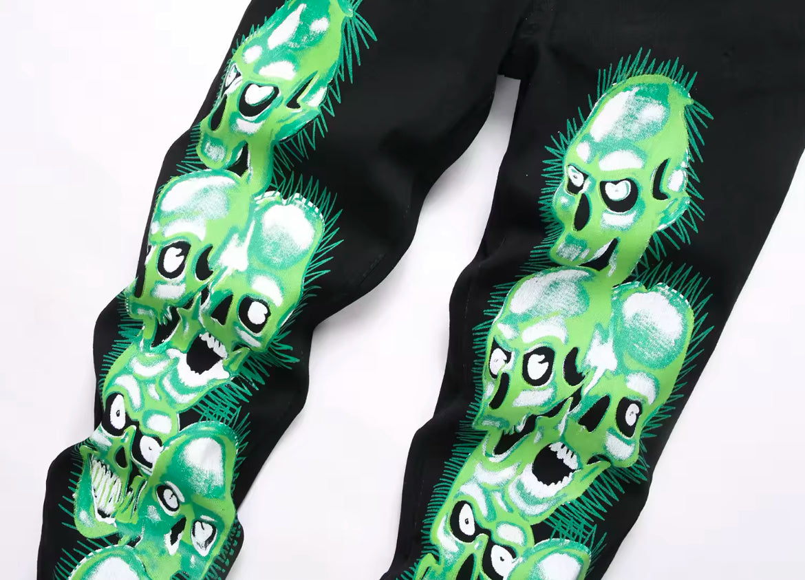 New Mens Gothic Skull Embroidered Jeans Slim Fit Streetwear Denim with Green Skull Graphic Print