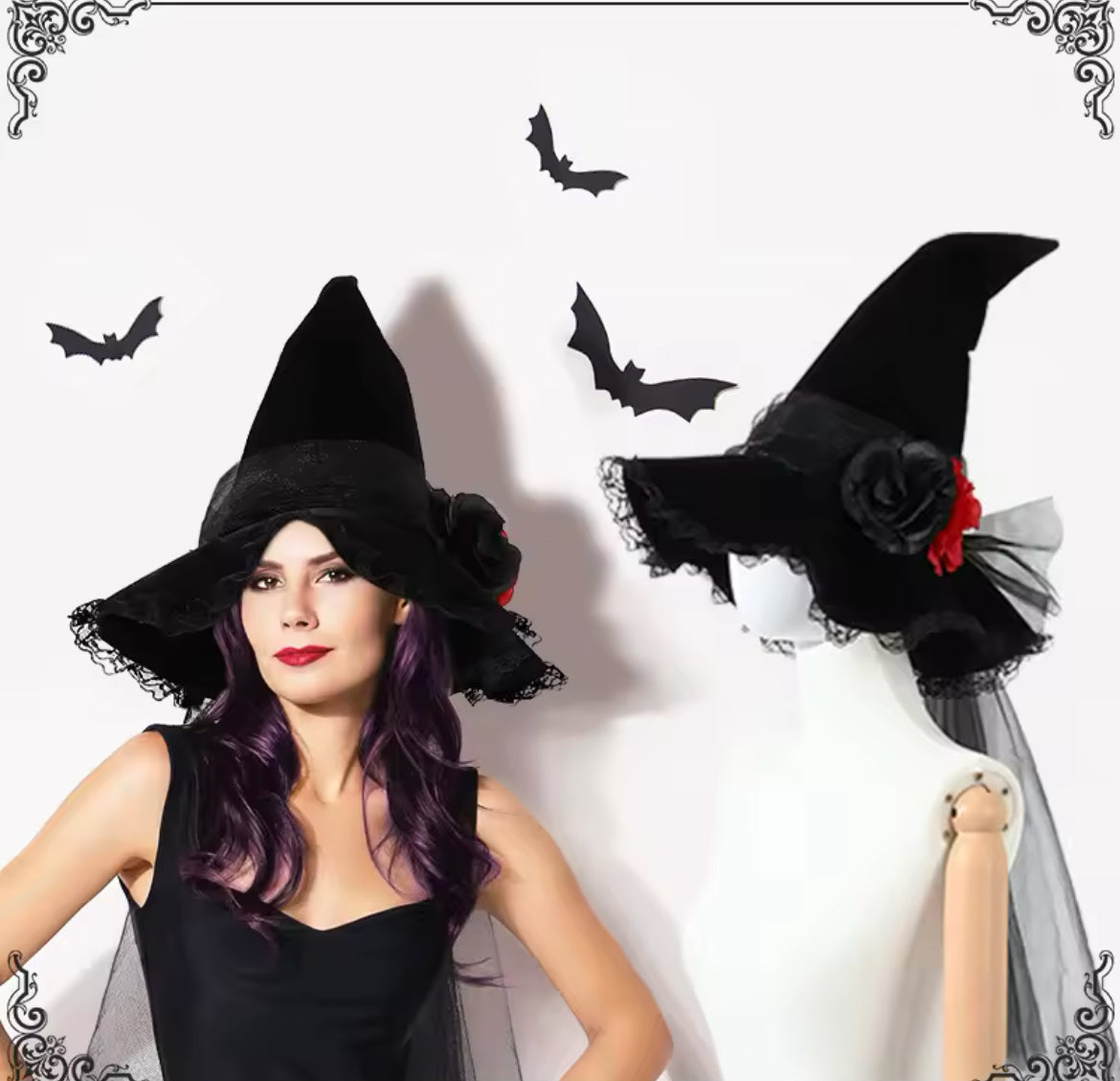 “Baroque Black Lace Witch Hat – Gothic Veil & Rose Accent for Rituals or Costumes”