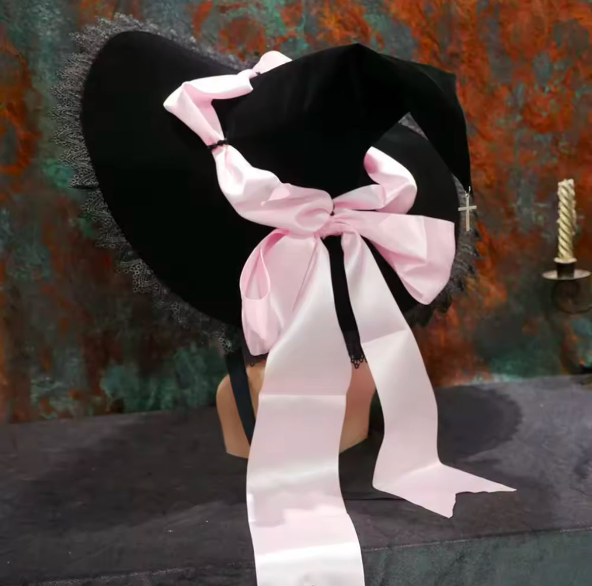“Magickal Elegant Witch Hat – Lace-Trimmed with Satin Bow”