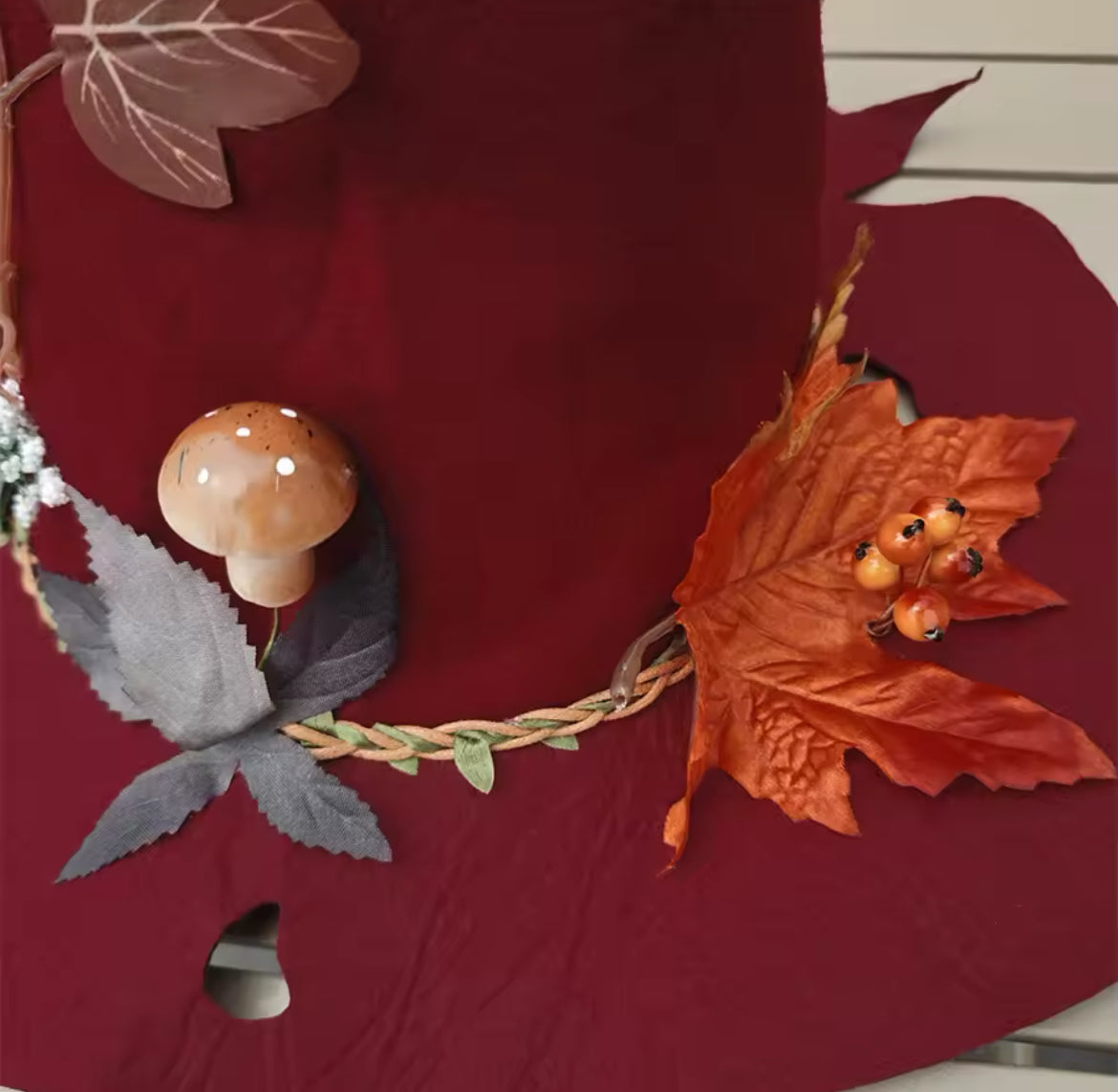 Beautiful Rustic Autumn Witch Hat – Handcrafted with Leaves, Mushrooms & Spiral Design”