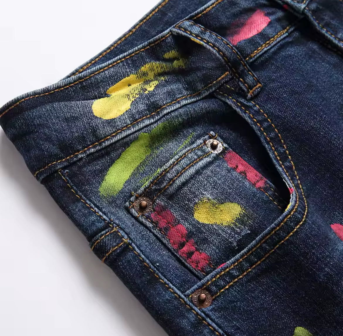 New Mens Slim Fit Paint Splatter Jeans Artistic Streetwear Denim
