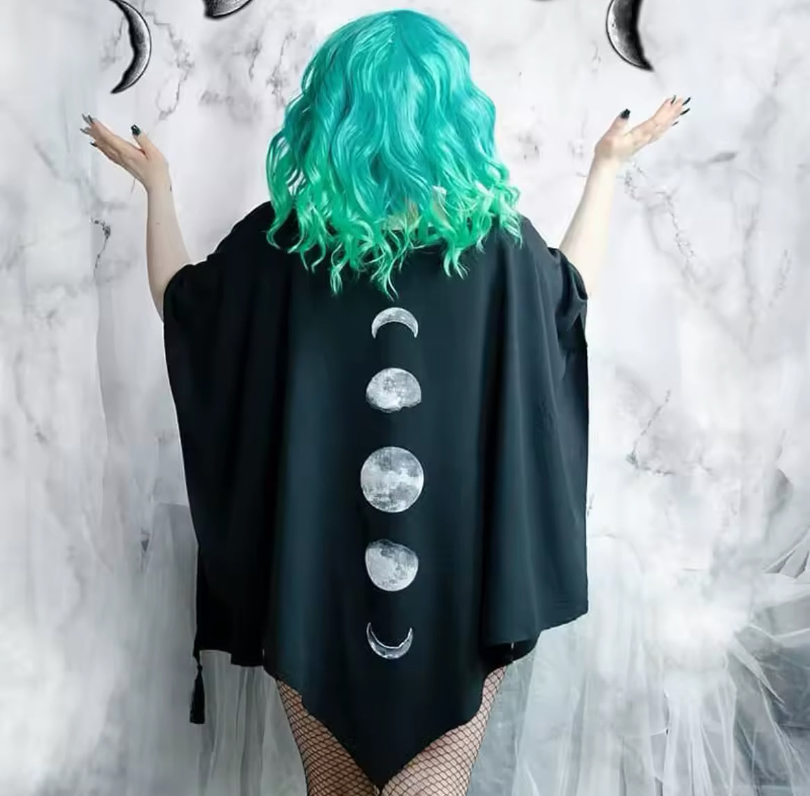 Witchy Gothic Moon Phase Shawl Cape – Lightweight Lunar Fashion