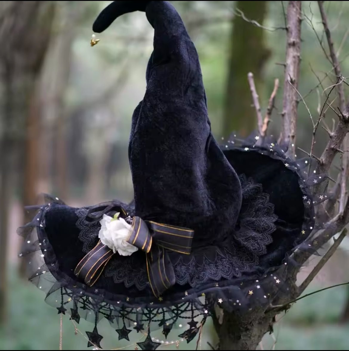 “Starlit Enchantment Witch Hat – Lace, Ribbons, and Celestial Accents” Magickal & Alluring