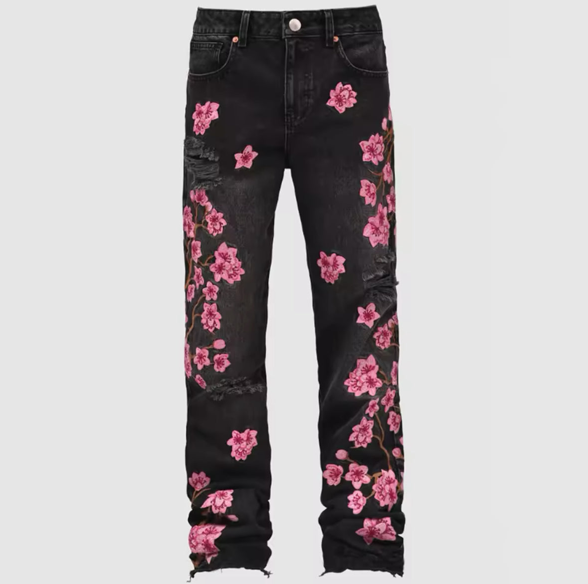 New Mens Cherry Blossom Embroidered Denim Jeans Distressed Floral Straight-Leg Pants