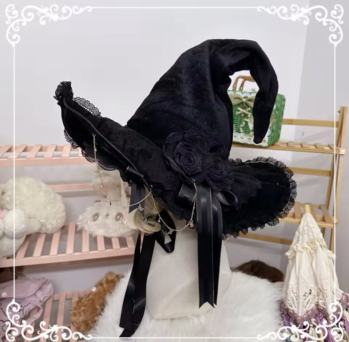 “Victorian Rose Lolita Witch Hat – Handmade with Lace and Satin Roses” Stunning Magickal