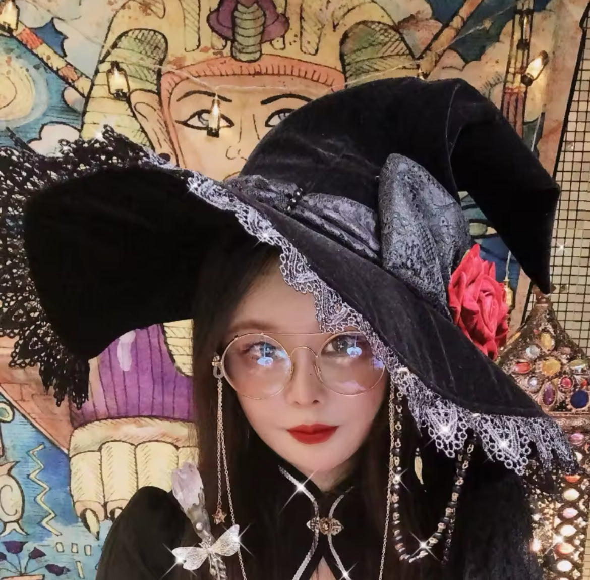 “Velvet Enchanting Midnight Witch Hat – Roses, Lace, and Enchanting Elegance”