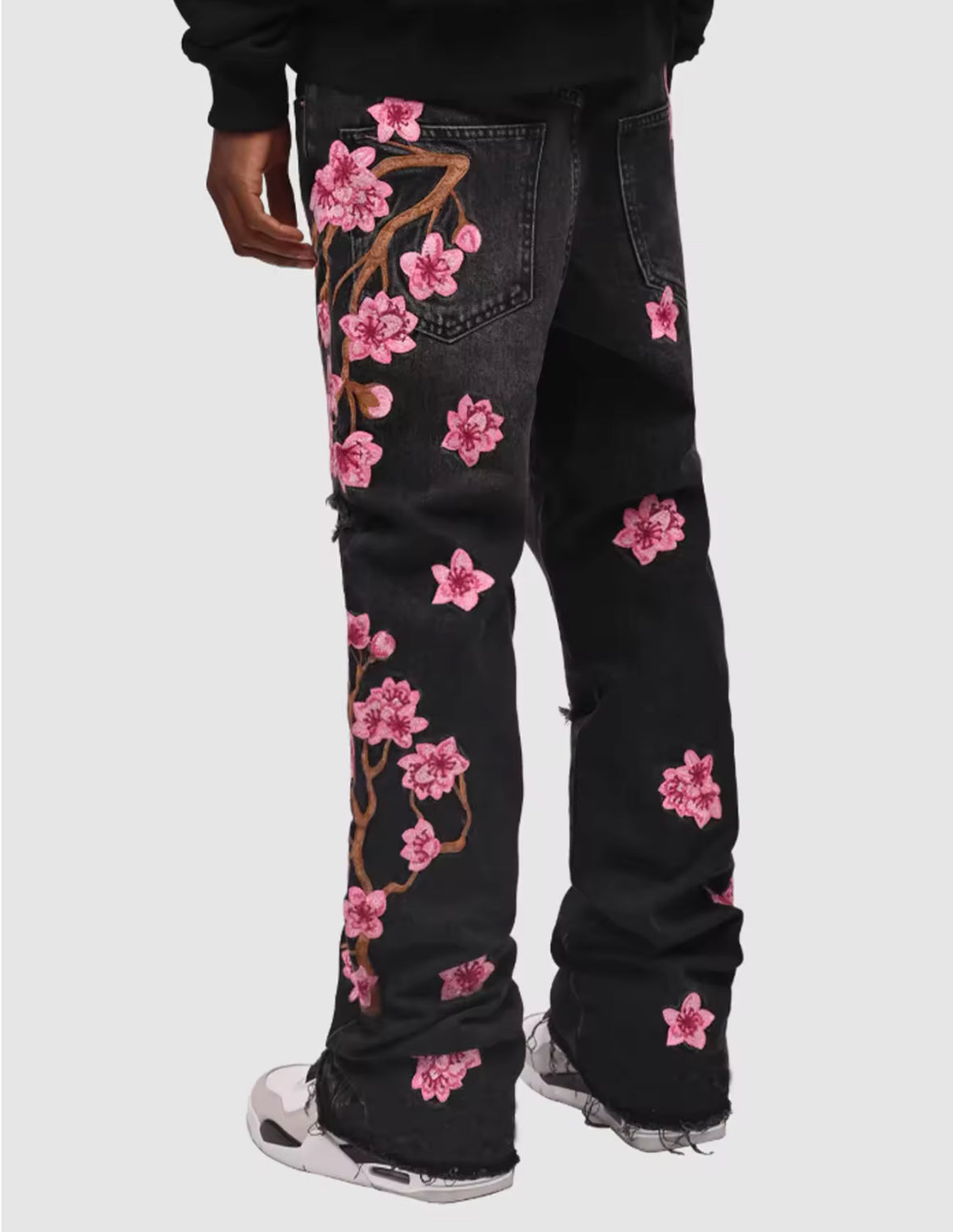 New Mens Cherry Blossom Embroidered Denim Jeans Distressed Floral Straight-Leg Pants