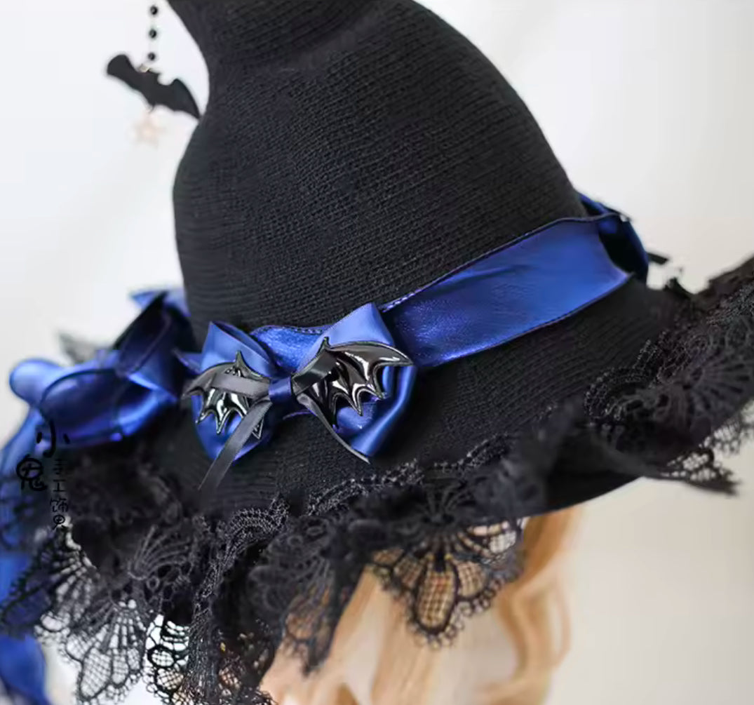 “Enchanted Moonlit Witch Hat – Lace Trimmed with Satin Bows and Mystical Charms”