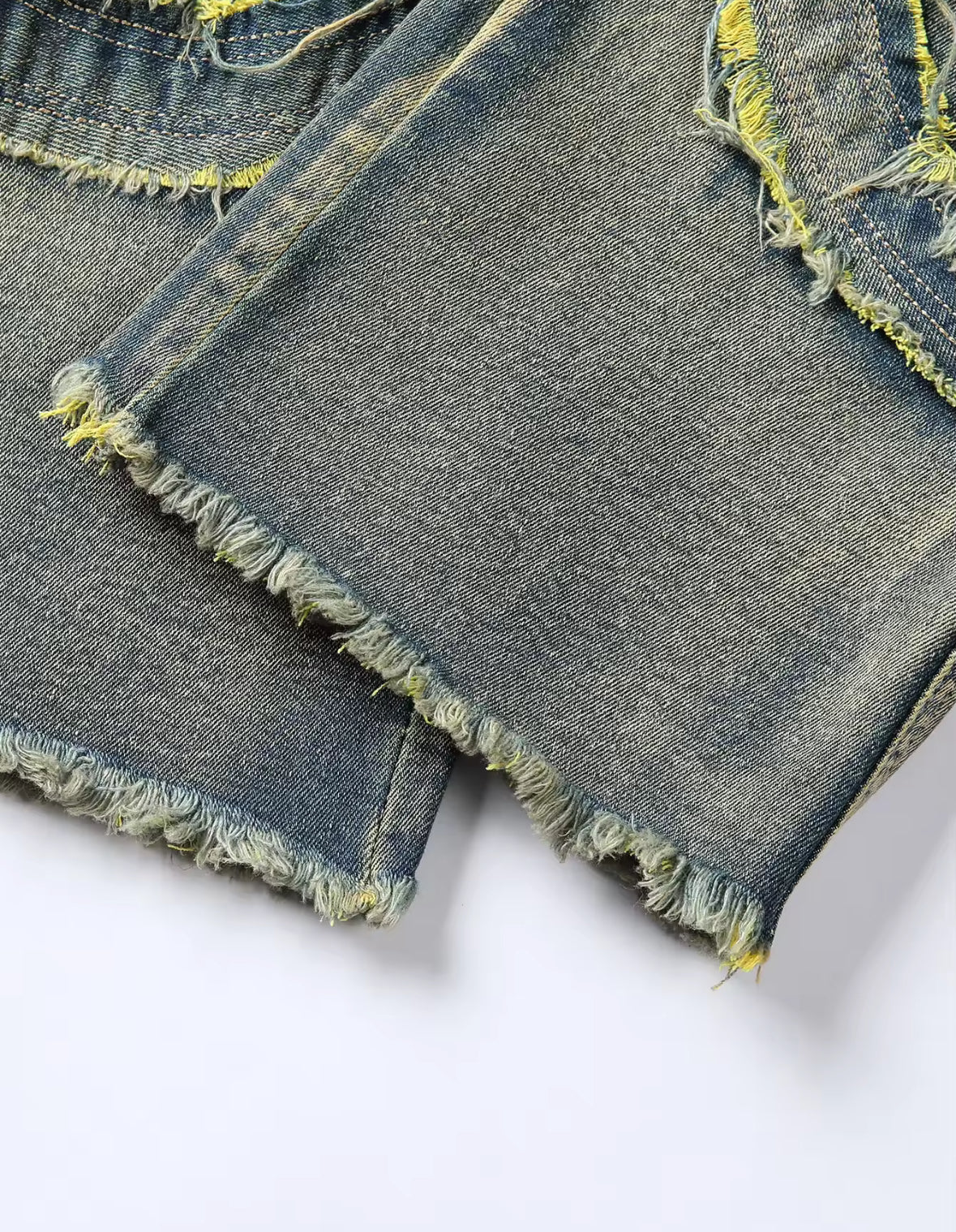Mens Streetwear Distressed Flare Jeans Retro Patchwork Denim with Frayed Spiral Detailing