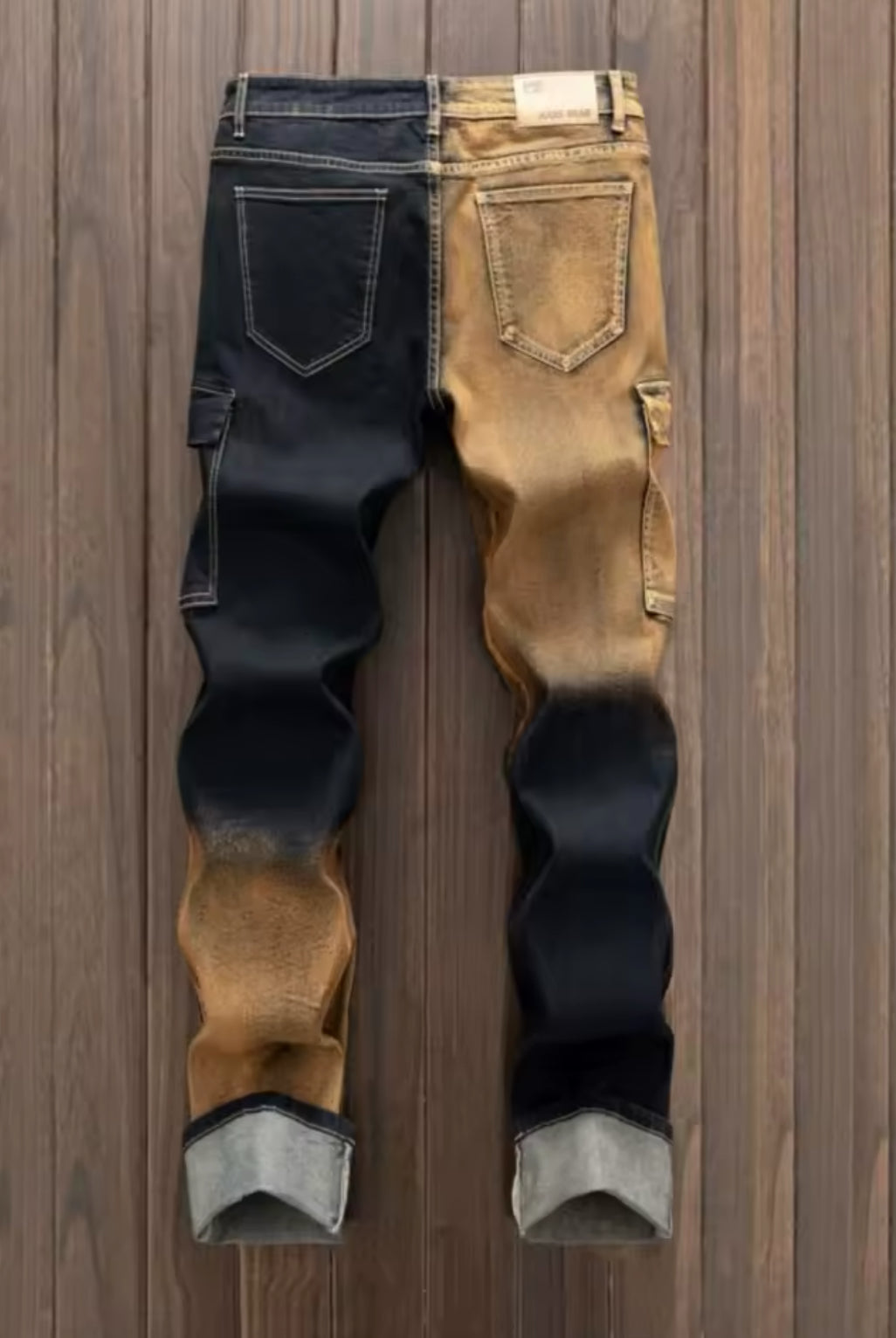 π₯ Black & Gold Two-Tone Cargo Jeans β Streetwear Slim Fit Vintage Wash Denim for Men