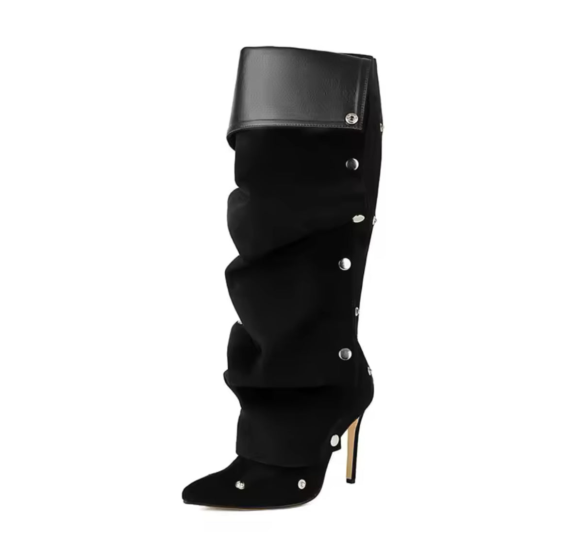 New Pointy Toe Studded Wrinkle Runway Stiletto Knee-High Boots