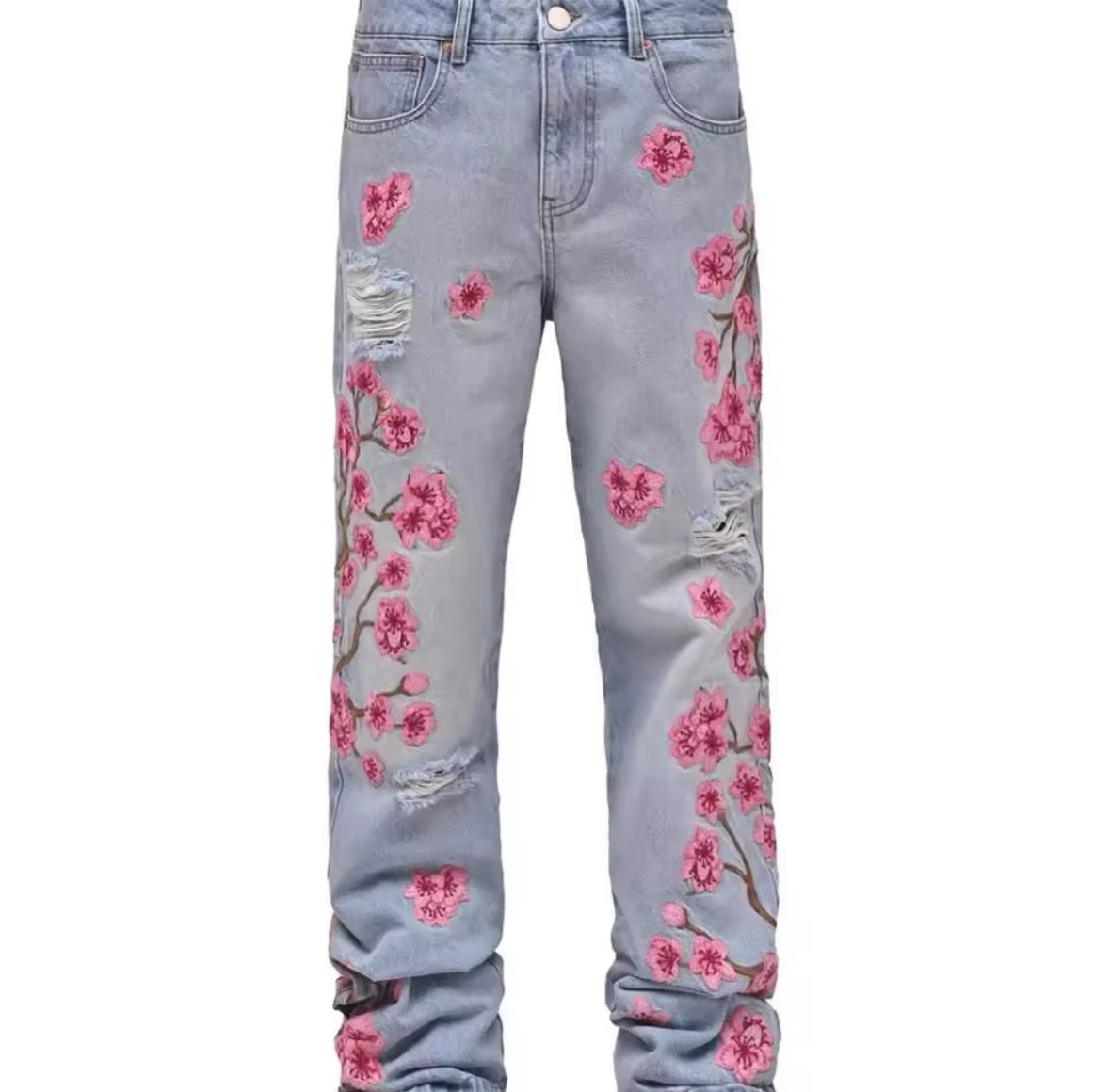 New Mens Cherry Blossom Embroidered Denim Jeans Distressed Floral Straight-Leg Pants