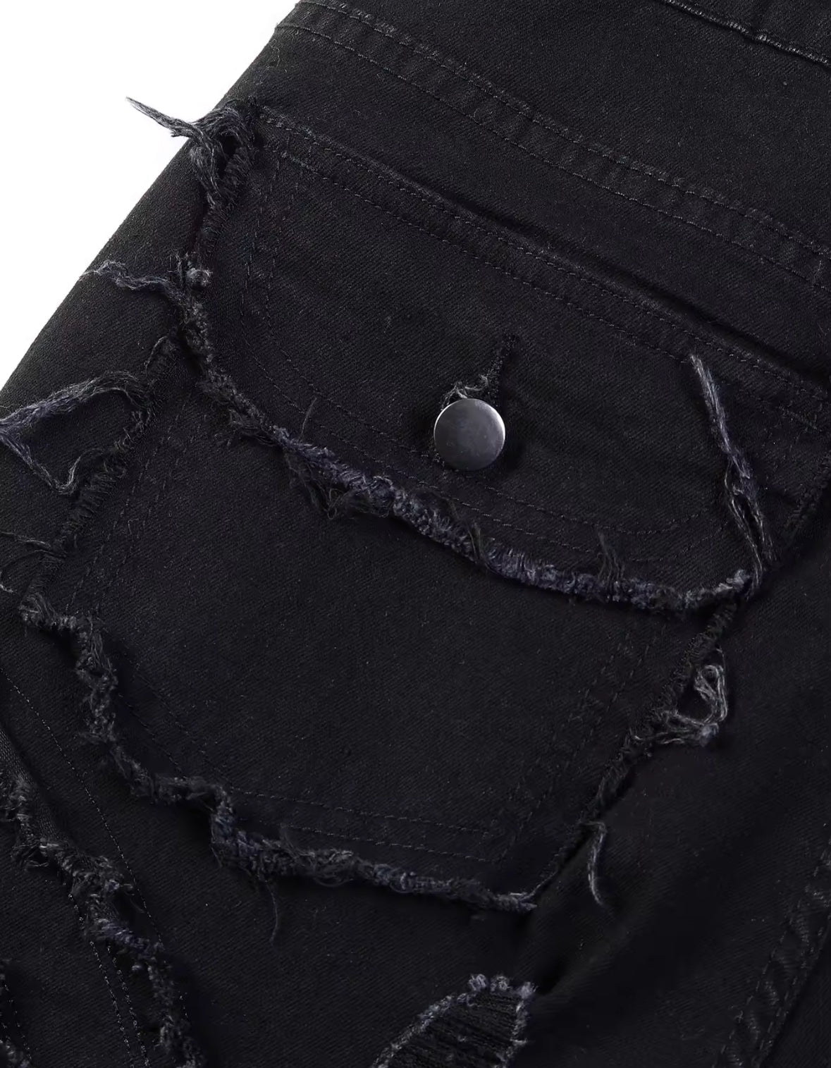 Mens Streetwear Distressed Flare Jeans Retro Patchwork Denim with Frayed Spiral Detailing