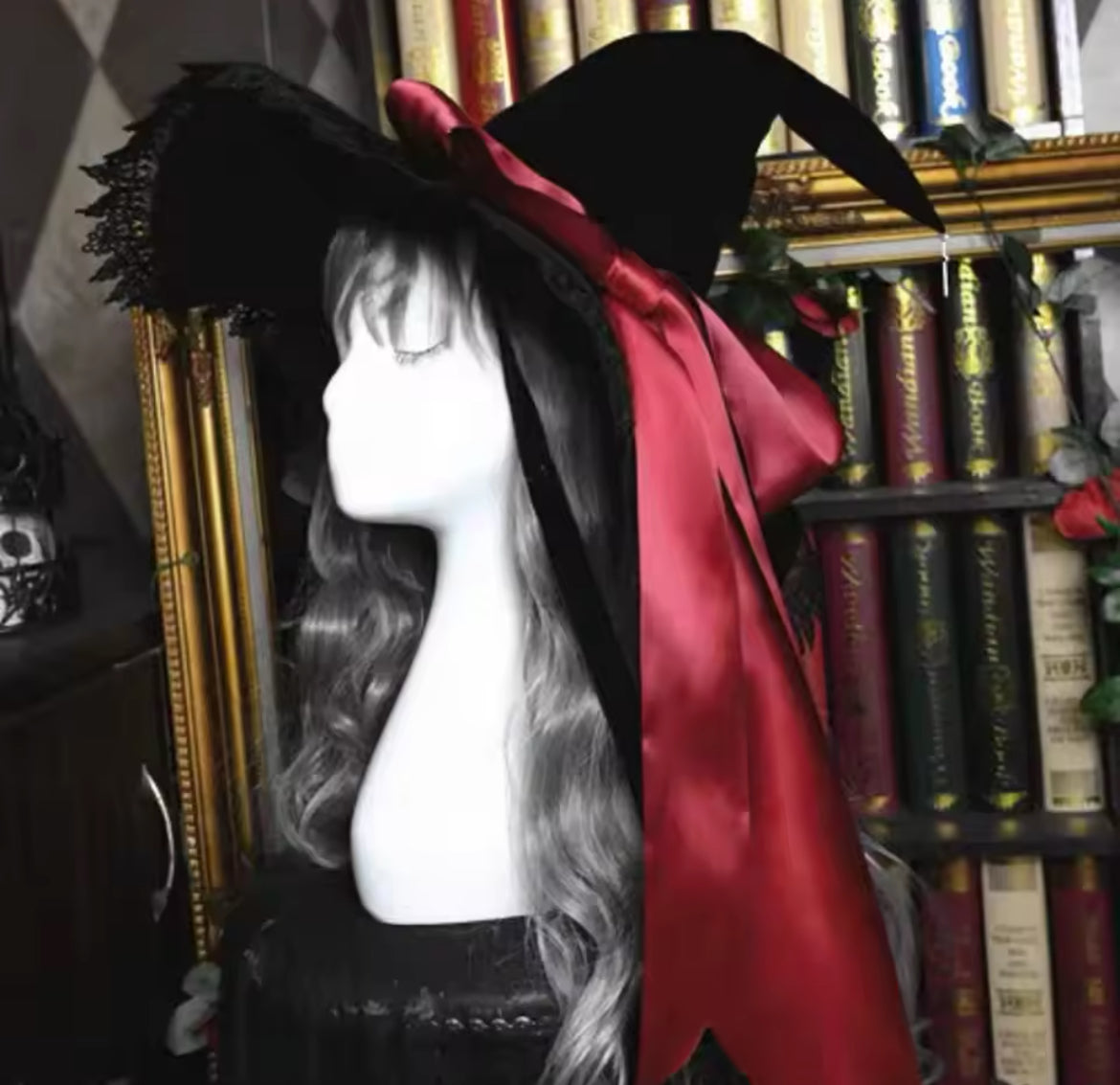 “Magickal Elegant Witch Hat – Lace-Trimmed with Satin Bow”