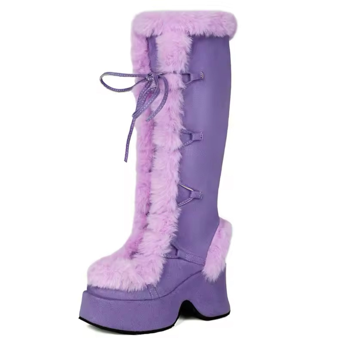 New Faux Fur Platform Knee- High Cozy Gothic Warm Chunky Boots