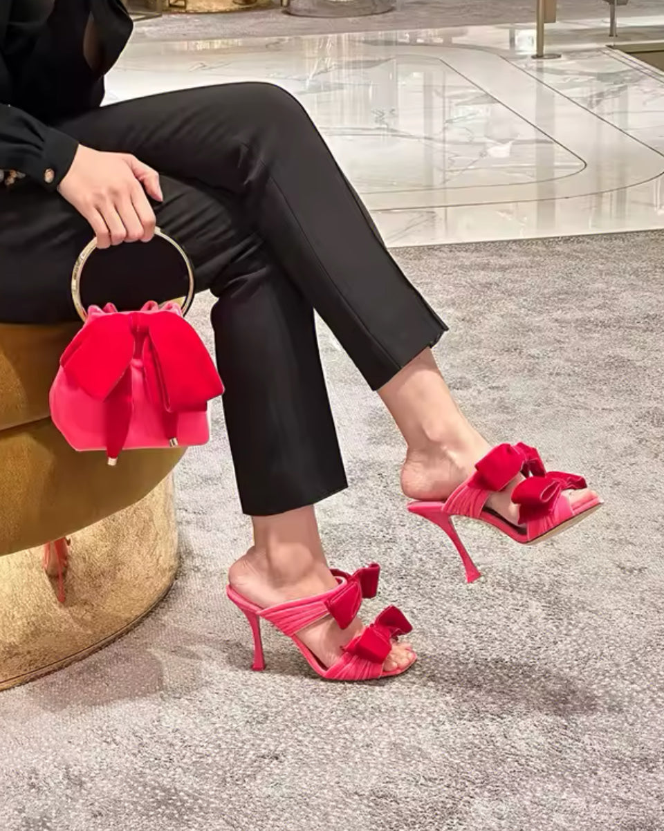 Velvet Bow Heels Square Toe Sandals – Black, Pink, Red