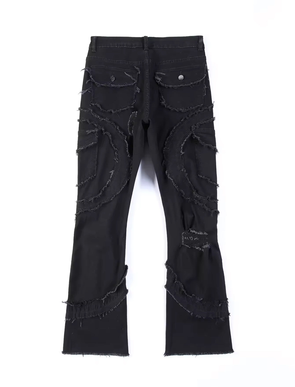 Mens Streetwear Distressed Flare Jeans Retro Patchwork Denim with Frayed Spiral Detailing