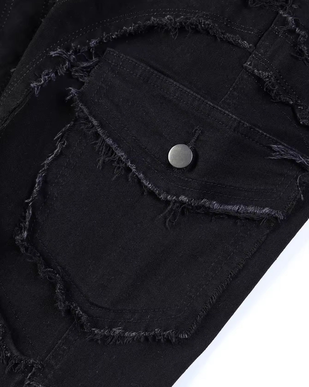 Mens Streetwear Distressed Flare Jeans Retro Patchwork Denim with Frayed Spiral Detailing