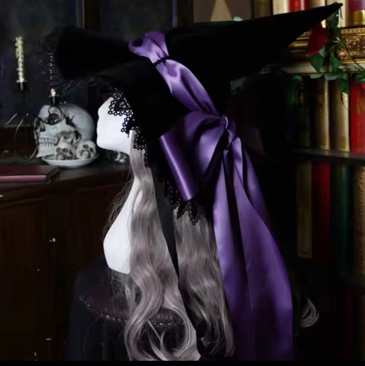 “Magickal Elegant Witch Hat – Lace-Trimmed with Satin Bow”