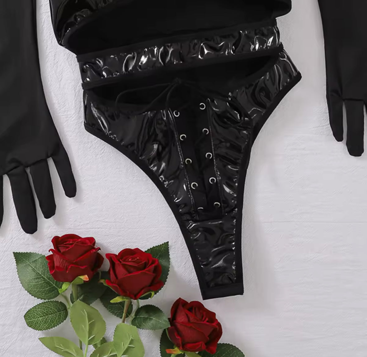Noir 3-Piece Lingerie Set Faux Leather Bodysuit, Waist Belt & Gloves
