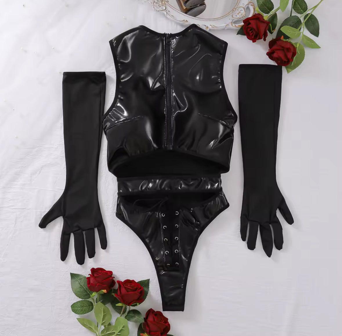 Noir 3-Piece Lingerie Set Faux Leather Bodysuit, Waist Belt & Gloves