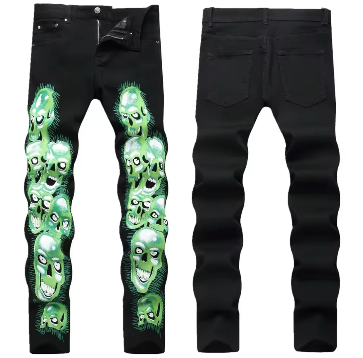 New Mens Gothic Skull Embroidered Jeans Slim Fit Streetwear Denim with Green Skull Graphic Print