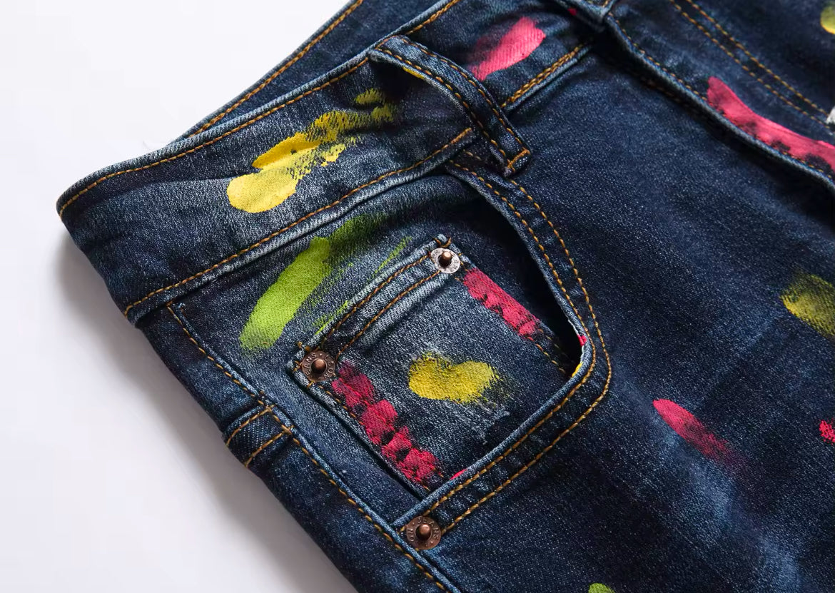 New Mens Slim Fit Paint Splatter Jeans Artistic Streetwear Denim
