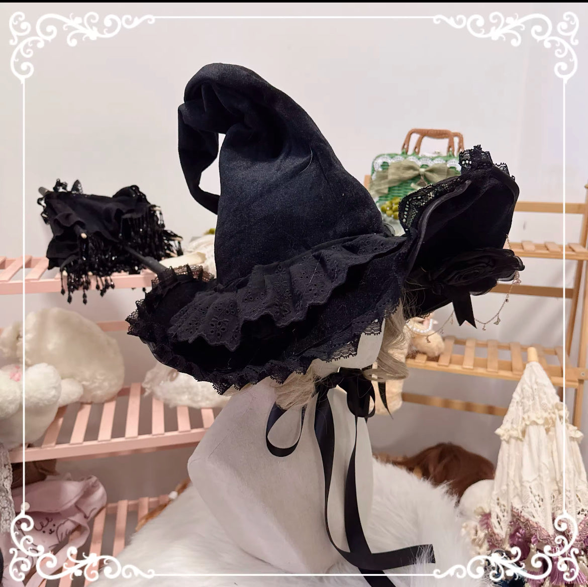 “Victorian Rose Lolita Witch Hat – Handmade with Lace and Satin Roses” Stunning Magickal