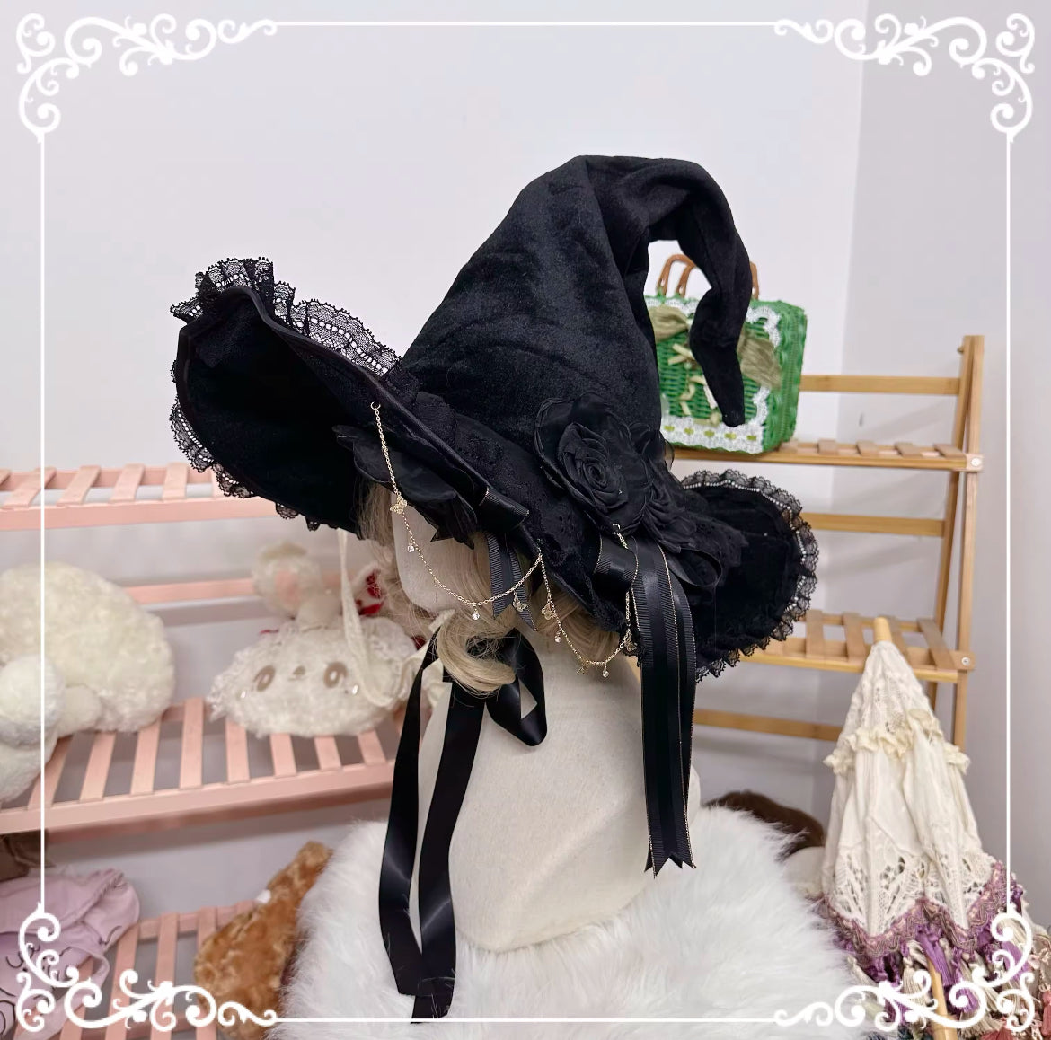 “Victorian Rose Lolita Witch Hat – Handmade with Lace and Satin Roses” Stunning Magickal