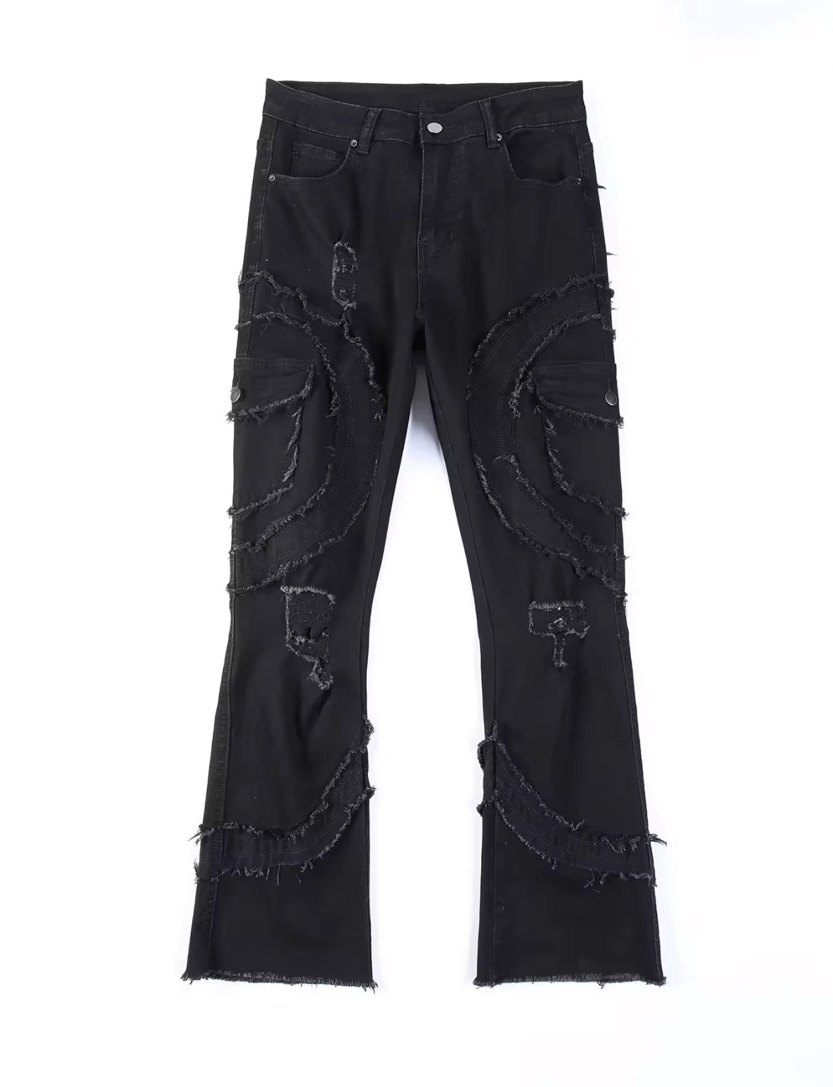 Mens Streetwear Distressed Flare Jeans Retro Patchwork Denim with Frayed Spiral Detailing