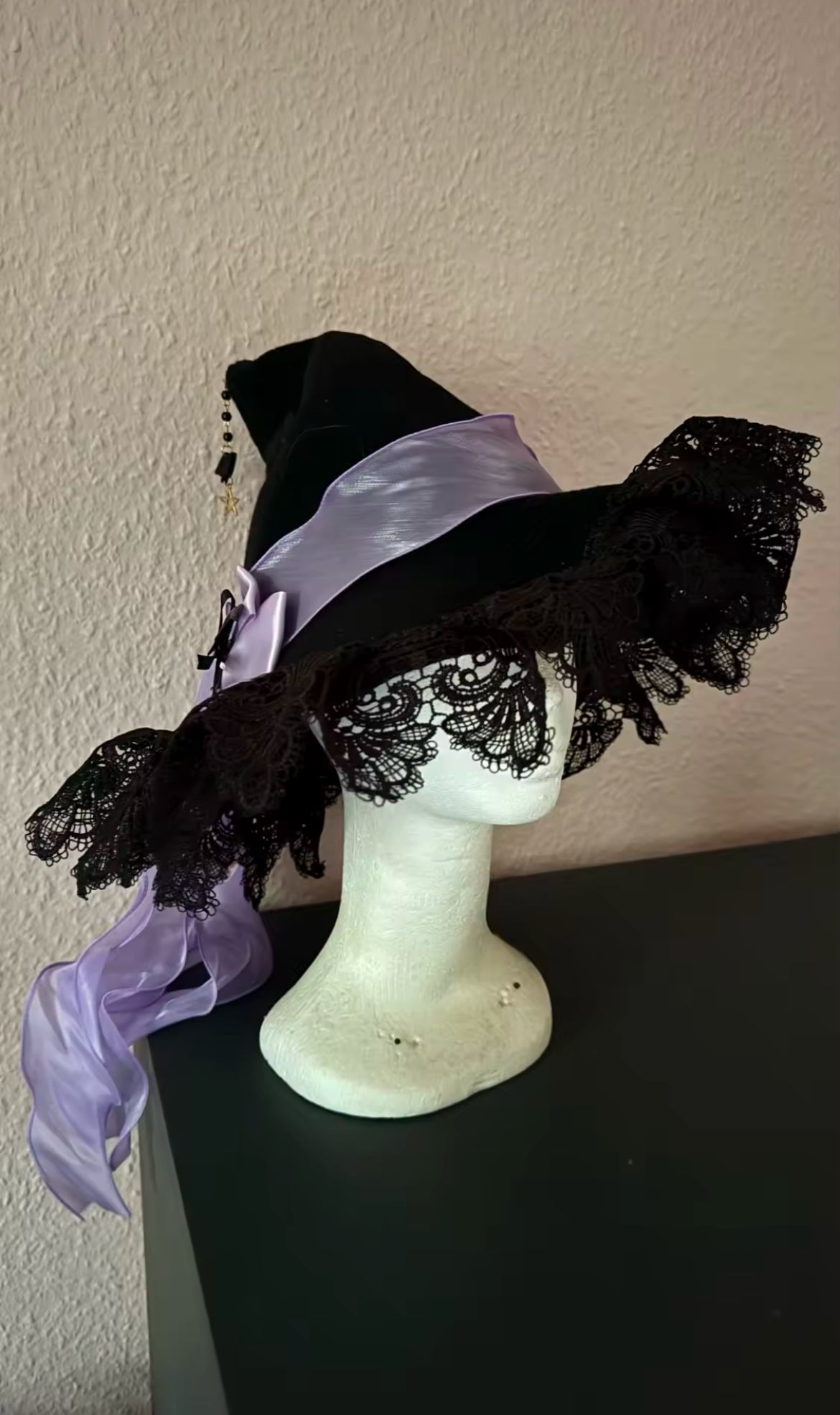 “Enchanted Moonlit Witch Hat – Lace Trimmed with Satin Bows and Mystical Charms”