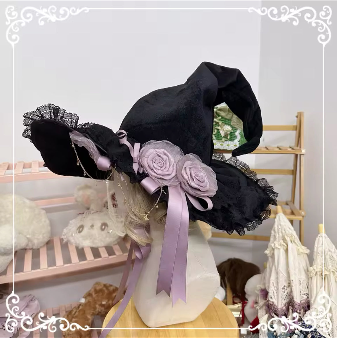 “Victorian Rose Lolita Witch Hat – Handmade with Lace and Satin Roses” Stunning Magickal