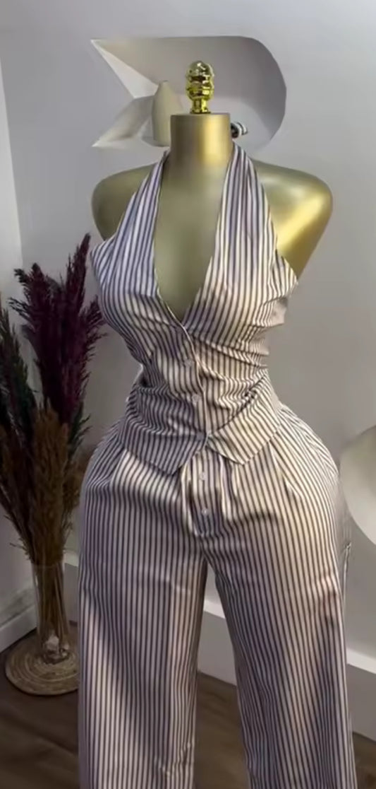 New Gorgeous Starlight Stripè Two-Piece Pinstriped Pant Set