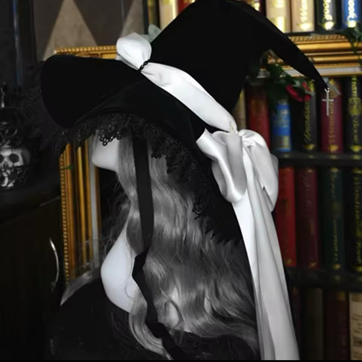 “Magickal Elegant Witch Hat – Lace-Trimmed with Satin Bow”