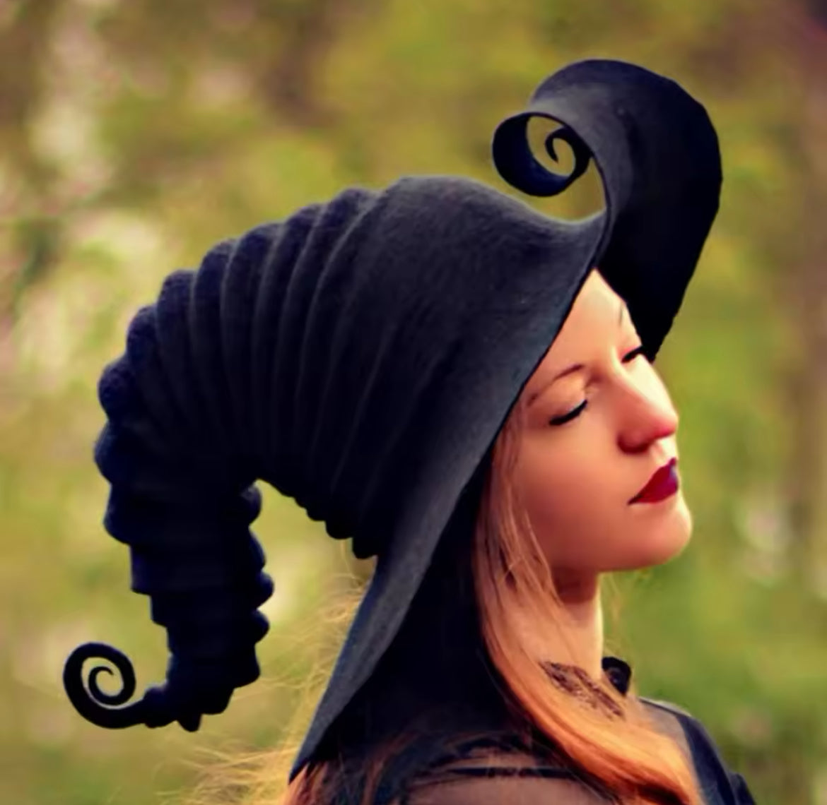 “Enchanted Spiral Witch Hat – Mystical Black Magickal Costume Accessory”