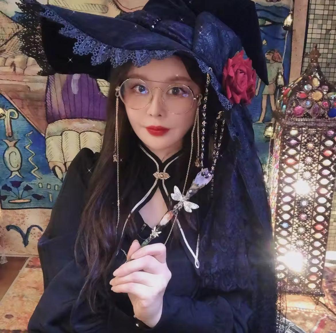 “Velvet Enchanting Midnight Witch Hat – Roses, Lace, and Enchanting Elegance”