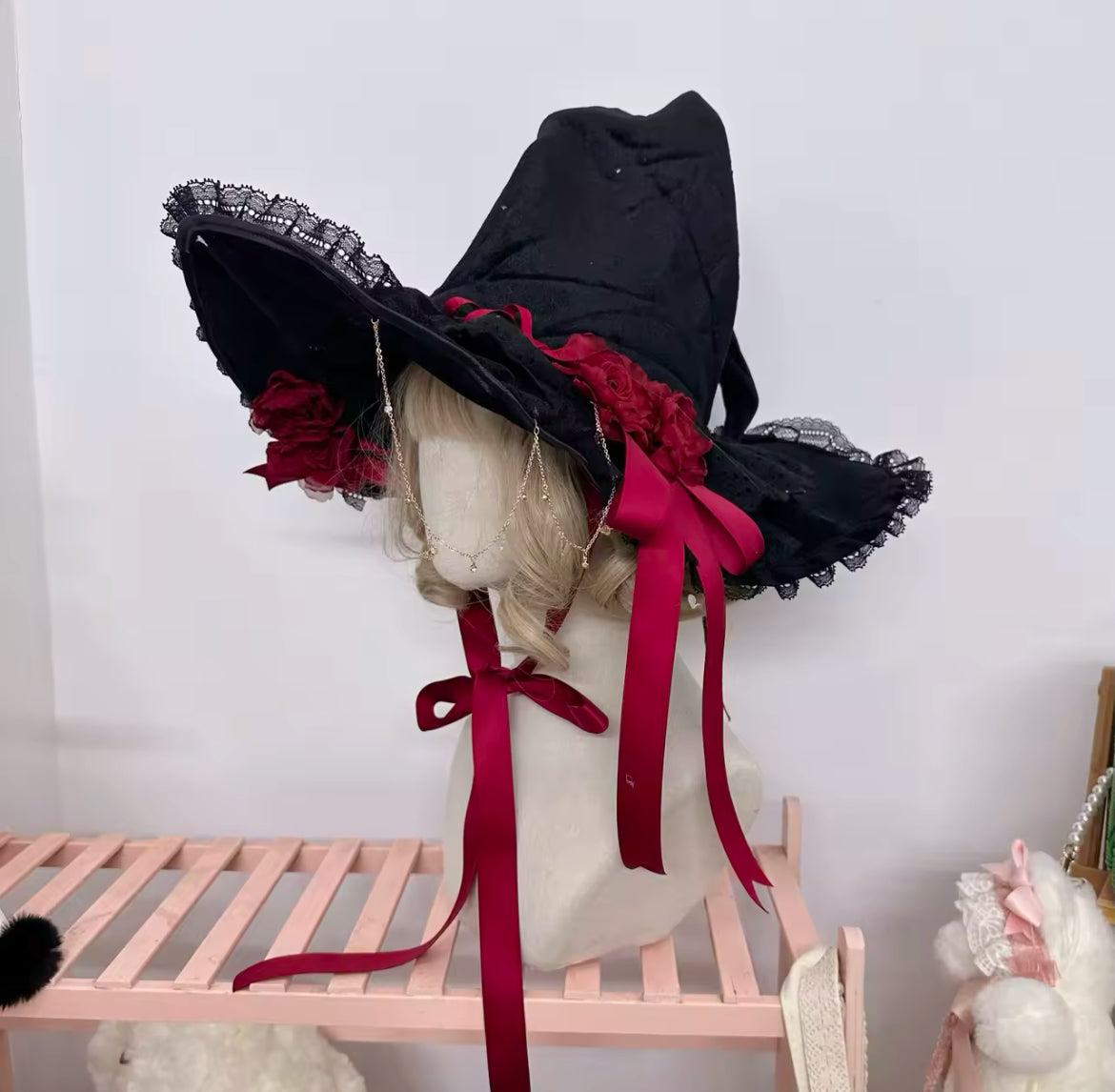 “Victorian Rose Lolita Witch Hat – Handmade with Lace and Satin Roses” Stunning Magickal