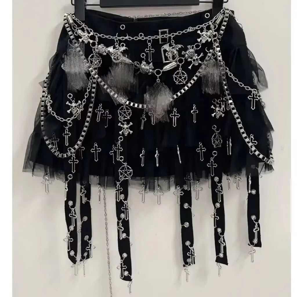 New Cross & Skull Mesh Charmed Mini Skirt