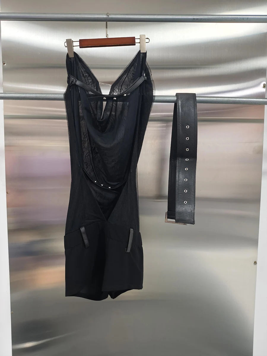 VGH Bohemia Style Halter Jumpsuit for Women Swing Collar Sleeveless Patchwork Sashes Retro Fashion Mesh Playsuits Female Clothes