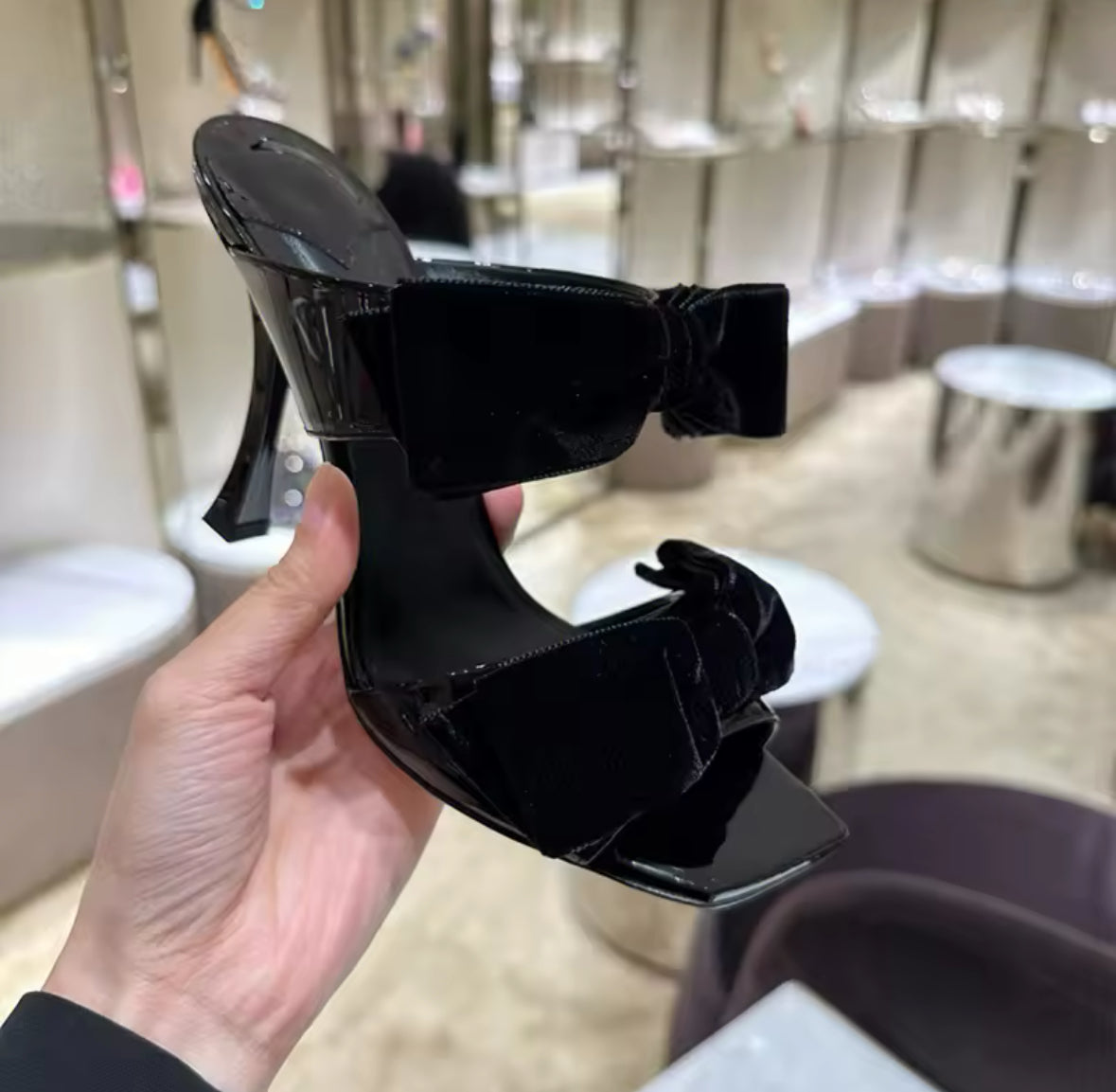 Velvet Bow Heels Square Toe Sandals – Black, Pink, Red