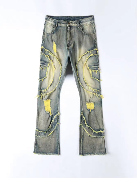 Mens Streetwear Distressed Flare Jeans Retro Patchwork Denim with Frayed Spiral Detailing