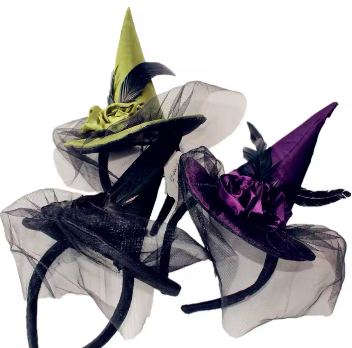 “Enchanting Purple Green Or Black Feathered Witch Hat with Veil – Perfect for Costumes & Cosplay”