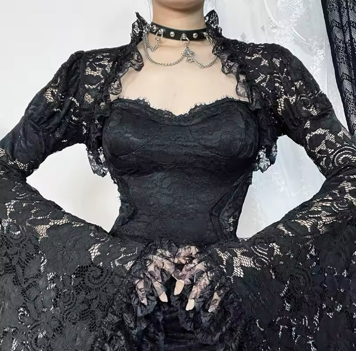 Dark Enchantress Gothic Lace Dress & Bell Sleeve Shawl “Vintage-Inspired Elegance”