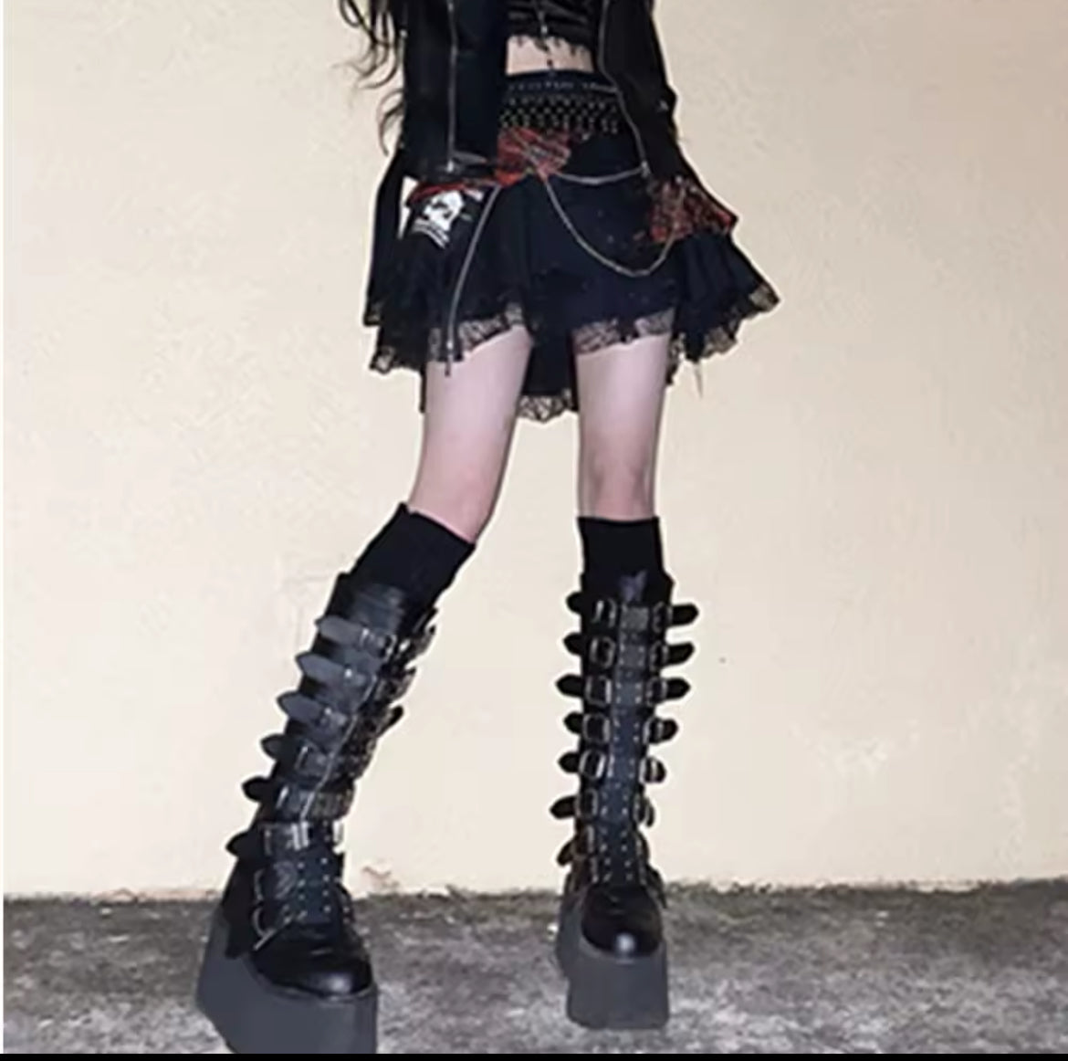 Gothic Buckle Platform Boots – Punk Streetwear Knee-High Statement Shoes