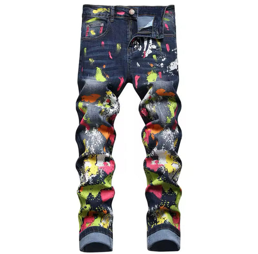 New Mens Slim Fit Paint Splatter Jeans Artistic Streetwear Denim