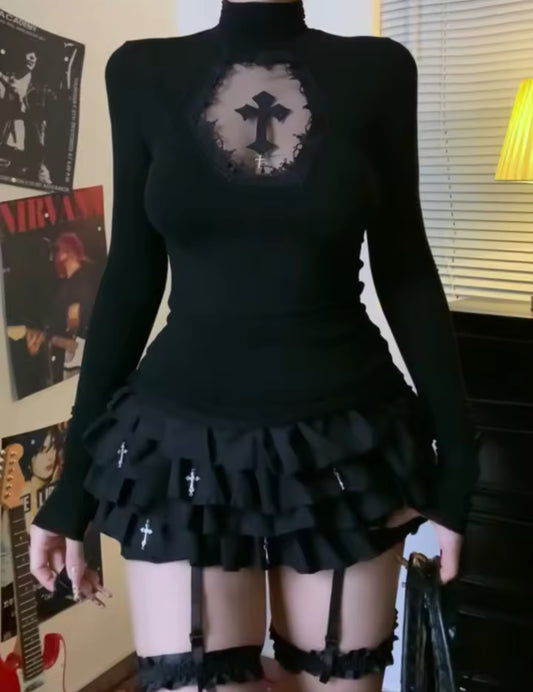 New Turtle-Neck Cross Gothic Long-Sleeve Women’s Top